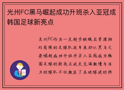光州FC黑马崛起成功升班杀入亚冠成韩国足球新亮点
