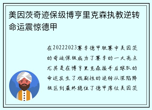 美因茨奇迹保级博亨里克森执教逆转命运震惊德甲