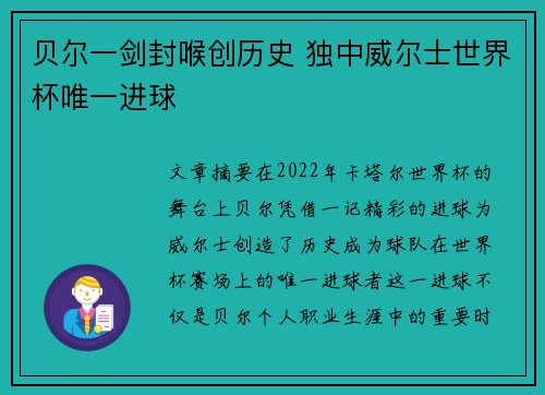 贝尔一剑封喉创历史 独中威尔士世界杯唯一进球